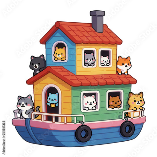 Cartoon Cats on House Boat Transparent Background