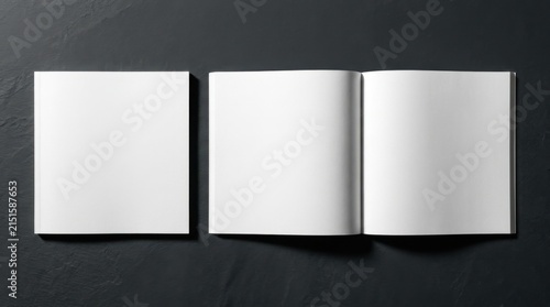 Square blank brochure mockup on dark textured background showing a closed cover and open spread with white pages for corporate catalog or portfolio presentation in a flat lay view.