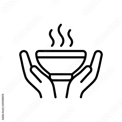 Hot food bowl in hands line icon for food charity donation hunger relief and soup kitchen