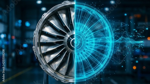 Jet engine turbine half with digital wireframe overlay, industrial setting, advanced engineering and data integration concept.