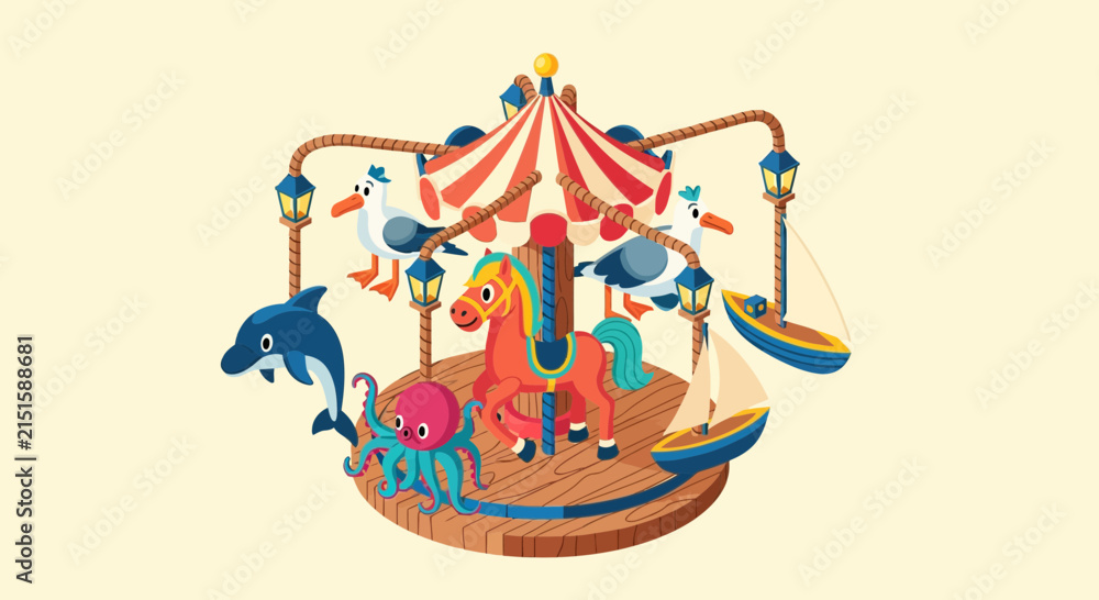 Naklejka premium Whimsical carousel ride with animals and boats on a bright background
