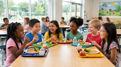 Diverse group of happy elementary school children enjoying lunch together at school cafeteria tables