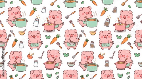Cute cartoon pigs cooking in a kitchen with vegetables and utensils on a whimsical pattern background