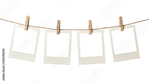 Vintage instant photo frames hanging on clothesline with wooden pegs, blank polaroid style film set for memory gallery isolated on Transparent Background