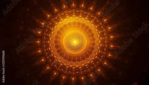 Golden cosmic energy explosion with radiant light flares and mystical glowing particles in dark space