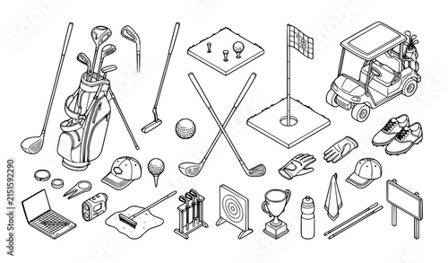 Isometric Golf Club and Equipment Thin Line Icon Collection Vector