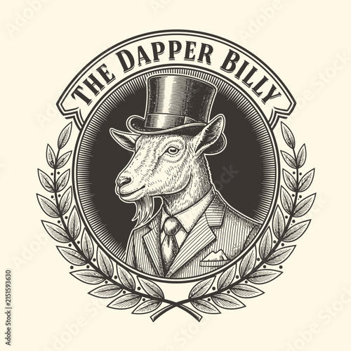Goat character wearing a dapper top hat and formal suit is featured in this vintage vector style emblem design that incorporates elegant laurel leaves to create a sophisticated and professional.