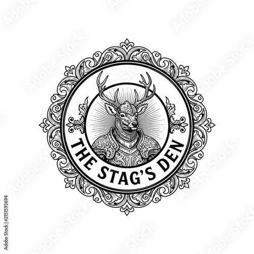 Stag adorned in medieval plate armor stands proud within a highly detailed circular filigree frame, representing strength and nobility for a high-end brand seeking a sense of historic prestige.