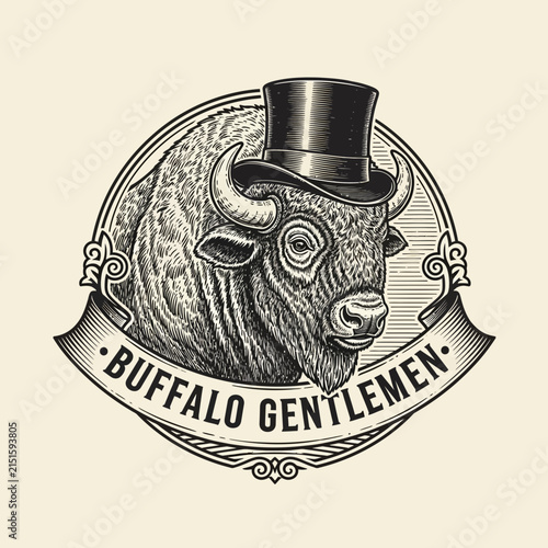 Buffalo wearing a formal top hat serves as the centerpiece for this vintage emblem design, featuring intricate line work and decorative ribbon elements that evoke a classic and sophisticated.