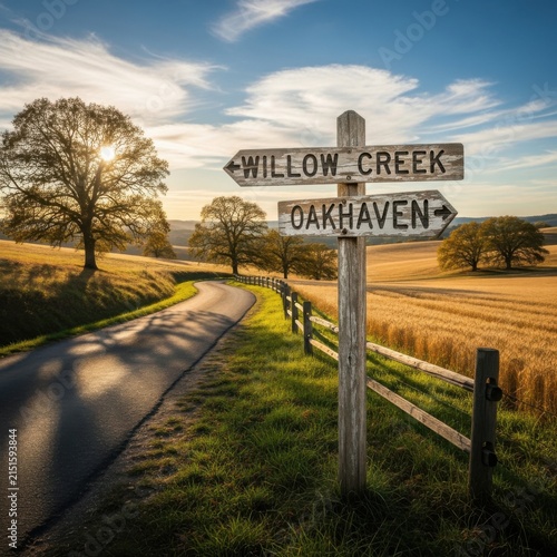 Golden Hour Countryside Crossroads With Rustic Signpost