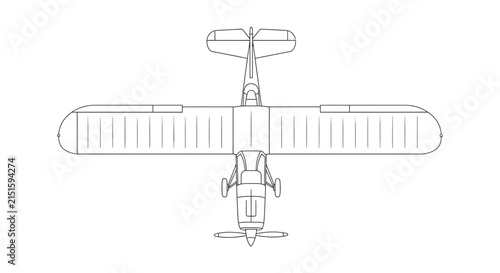 Bild auf Leinwand Detailed topdown line art of a singleengine propeller airplane.