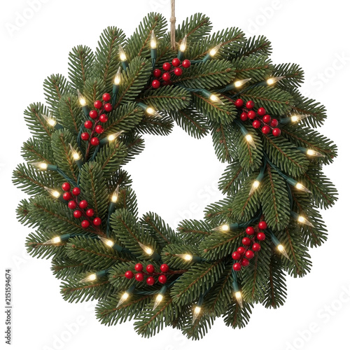 Christmas Wreath with Red Berries and Lights Transparent Background