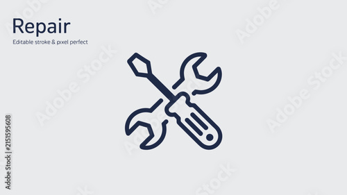 Screwdriver and wrench crossed symbol represents professional maintenance services and technical repair solutions for industrial machinery, home appliances, and various mechanical hardware systems.