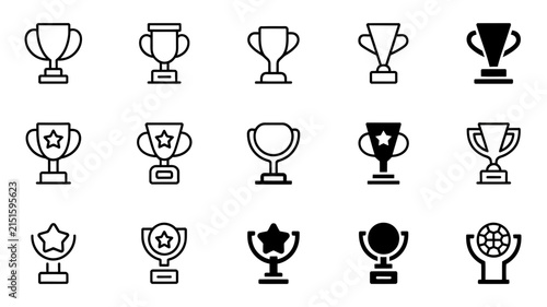 Trophy icons showcase various award designs, victory symbols, and championship cups in both solid black and detailed outline styles for recognizing achievement and successful business performance.