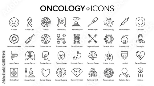 Oncology icons represent diverse medical treatments, diagnostic tools, and biological markers used in cancer research and clinical patient care within a comprehensive professional healthcare set.