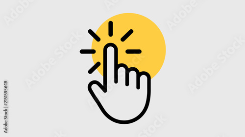 Hand cursor icon signifies a precise selection action against a soft yellow circular backdrop, indicating user engagement and digital navigation functionality for web interface design and development.