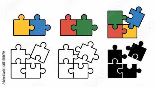 Puzzle pieces represent problem solving and logical thinking strategies by showcasing assembled and unassembled segments in various colors and outline styles for educational or business concepts.