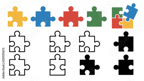 Jigsaw puzzle pieces in multiple colors and styles demonstrate the concepts of problem solving, team collaboration, and strategic integration through a variety of flat and outline graphic elements.