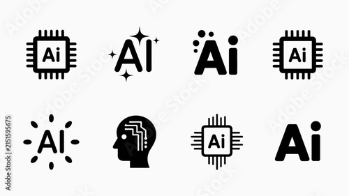 Artificial intelligence icons display various technological concepts including microchips, neural networks, and human brain processing symbols arranged in a clean grid for modern digital interface.