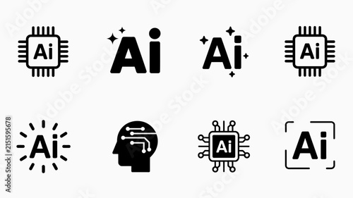 Artificial intelligence icons represent machine learning and neural network technology through various symbols of digital chips and brain pathways for modern tech development and research materials.