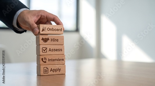 Hand stacking wooden blocks illustrating the step-by-step recruitment and hiring process from application to onboarding in a business setting.