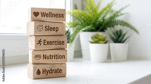 Stack of wooden blocks illustrating key elements of health and wellness, including sleep, exercise, nutrition, and hydration, placed on a white surface with plants.
