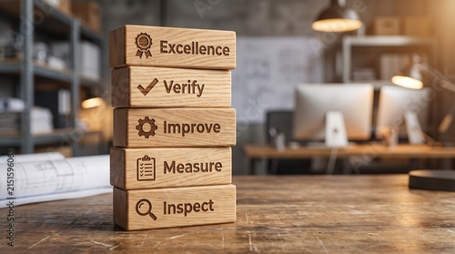 Stack of wooden blocks illustrating the steps of quality management: Inspect, Measure, Improve, Verify, and Excellence.