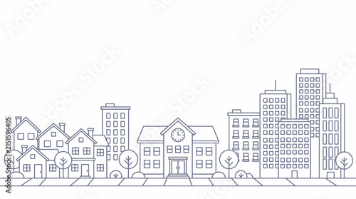 Minimalist City Skyline Line Art Vector with Urban Buildings