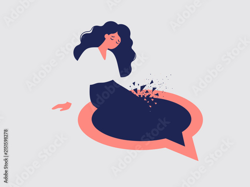 фотографія Depressed woman sitting on a shattering speech bubble, representing hurtful words and mental health struggles