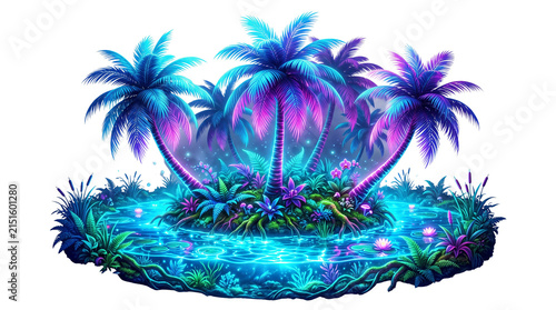 Neon tropical island with glowing palm trees. Vibrant blue and purple exotic oasis. Surreal fantasy paradise lagoon. isolated PNG with Transparent Background