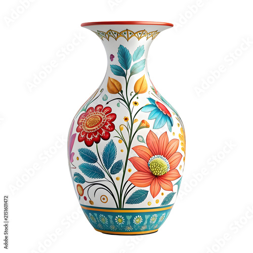 Hand-painted floral ceramic vase with vibrant colors and intricate patterns on a bright surface
