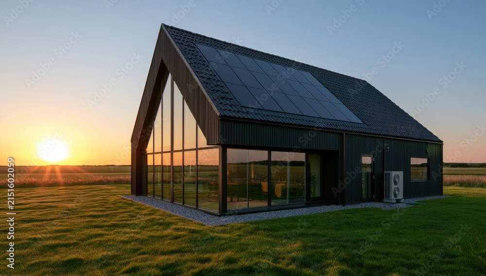 Fototapeta premium Modern Black Barn House with Large Glass Facade at Sunset.