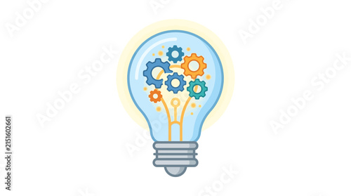 Bright light bulb with colorful gears inside.