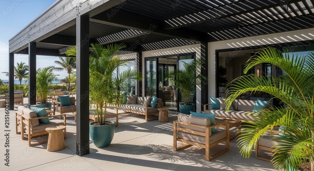 Fototapeta premium Luxury Outdoor Lounge Area With Tropical Ambiance And Ocean View
