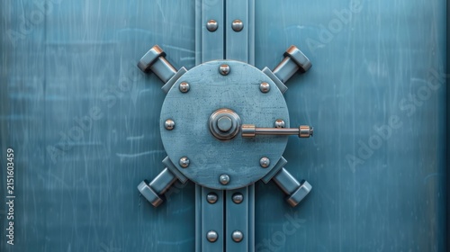 A detailed close up perspective of a heavy duty bank vault door s intricate locking mechanism  The circular steel face adorned with rivets and a prominent handle
