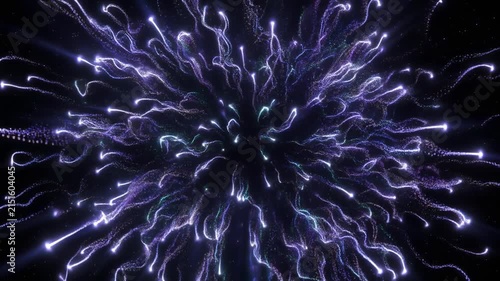 Radiant light trails forming starburst patterns in dark space