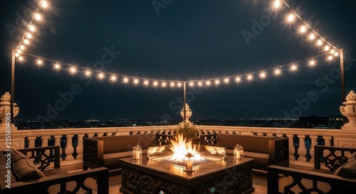 Luxury Rooftop Terrace Ambiance With Fire Pit And Cityscape At Dusk