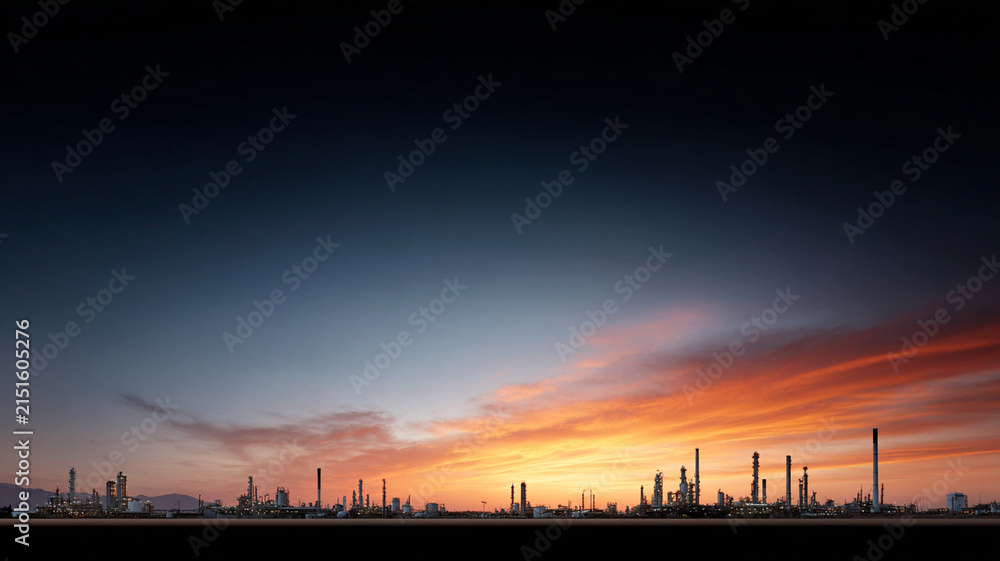 Fototapeta premium Petrochemical plant horizon sunset minimalist refinery industrial silhouette wide orange sky over distant factory skyline