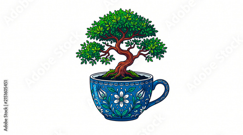 Bonsai Tree Growing in Ornate Blue Ceramic Teacup Vector Art