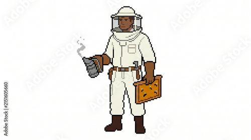 Pixel Art Beekeeper Apiarist Holding Bee Smoker and Honeycomb Frame