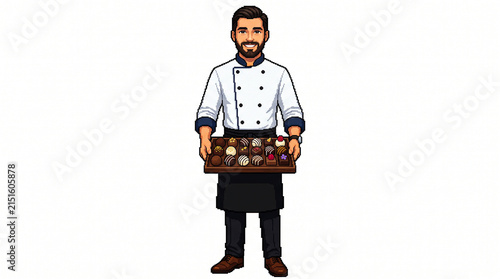 Pixel Art Chocolatier Chef Holding Tray of Handmade Truffles