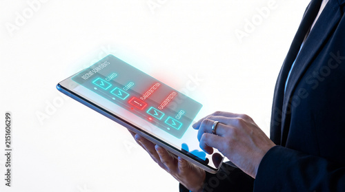 Businesswoman interacting with digital tablet for security system AI fraud detection, blocking deepfake and voice cloning threats
