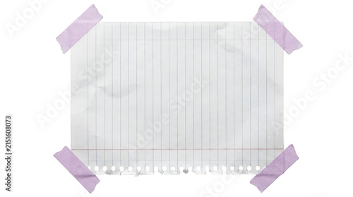 Crumpled lined notebook paper with purple tape, blank school notepad sheet for messages, textured paper mockup isolated on Transparent Background
