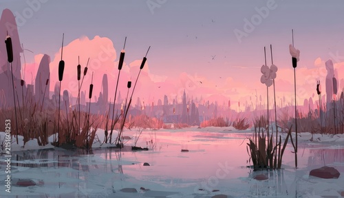 Pink sunset over a frozen marsh. Tall reeds surround a placid icy lake.  Pastel hues