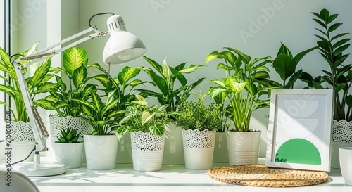 Lush Indoor Plants On A Desk With Desk Lamp And Artwork