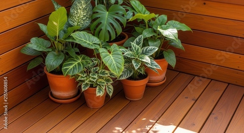 Lush Potted Houseplants Gracing A Warm Wooden Deck
