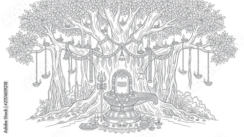 Foto Shiva Lingam under Banyan Tree with Diyas