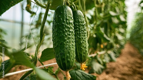 Fresh Cucumbers Growing on the Vine in a Greenhouse.
