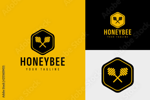 Crossed Honey Dipper Hexagon Honey Store and Organic Farm Logo