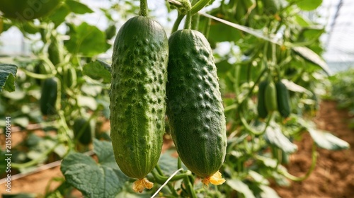 Two Ripe Cucumbers Growing on a Vine in a Greenhouse.